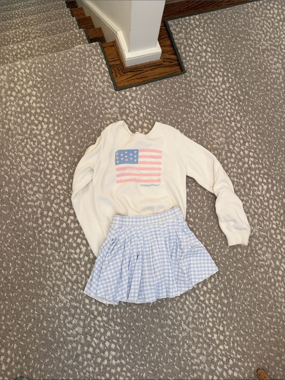 Kids Cream Graphic Sweater with Light Blue Gingham Skirt